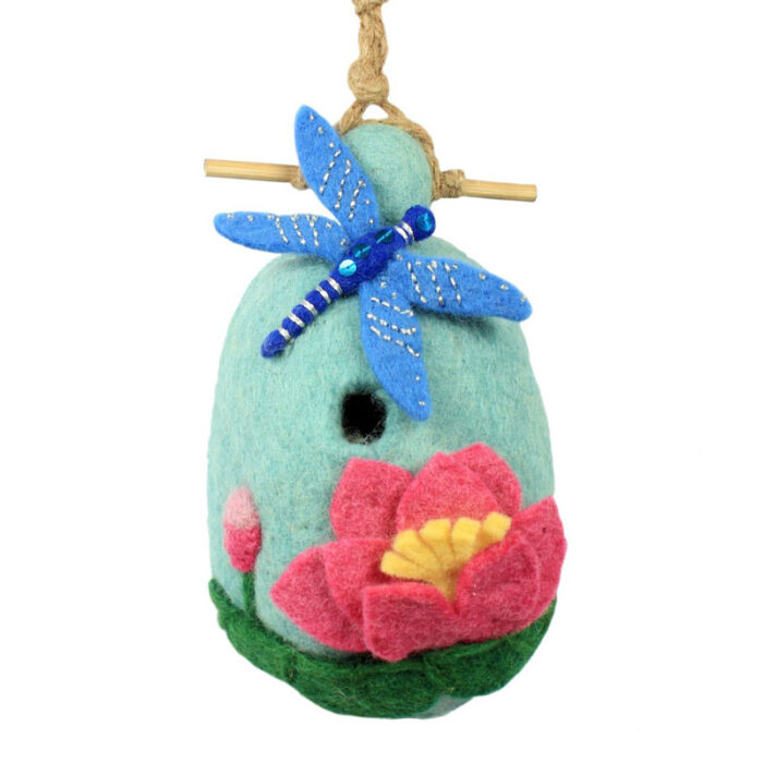 felt birdhouse with dragonfly and lotus flower