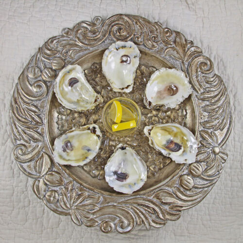 Faux Silver Oyster Plate with Real Oyster Shell Wells