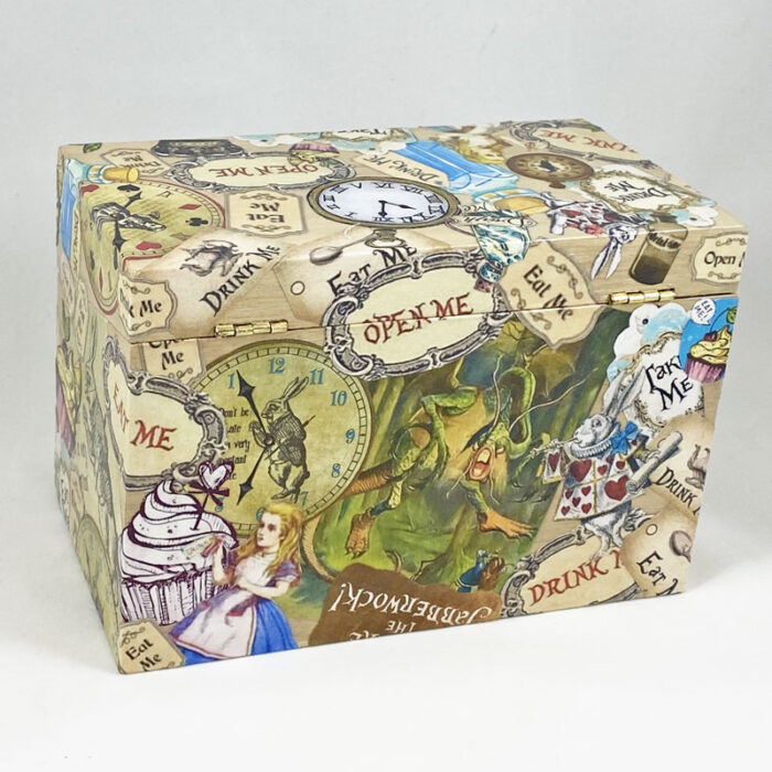 Alice in Wonderland recipe box with Jabberwock dragon back view