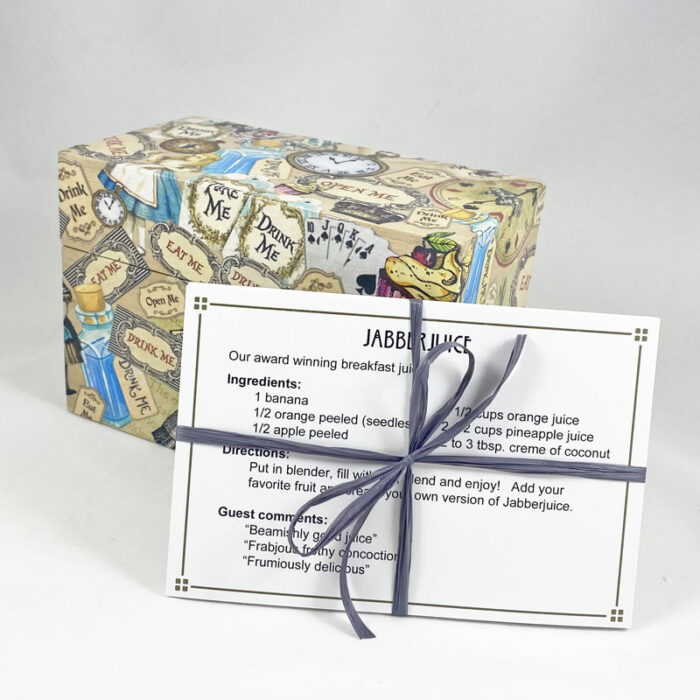 Alice in Wonderland recipe box with 11 recipe cards