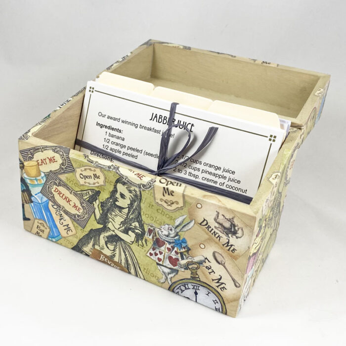 Alice in Wonderland recip box open with recipe cards