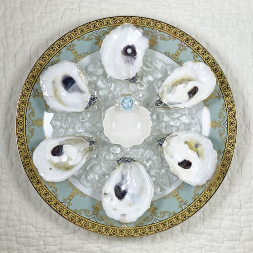 Oyster plate with six real oyster shell wells