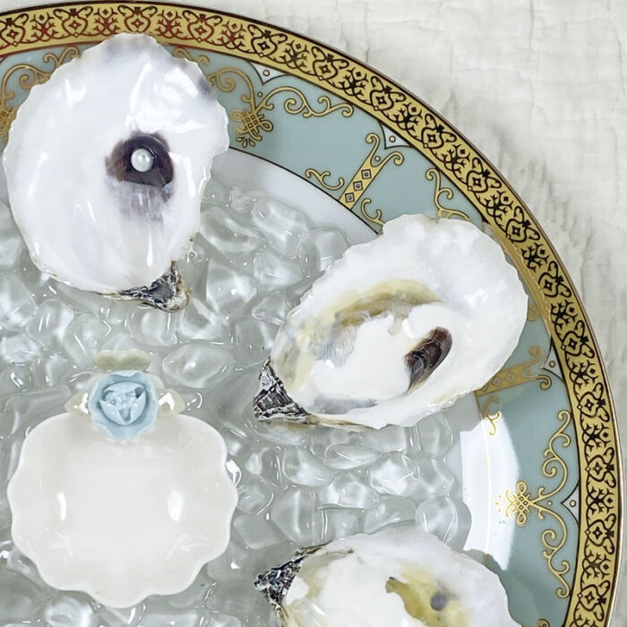 Real oyster shell oyster plate detail showing 3 shells