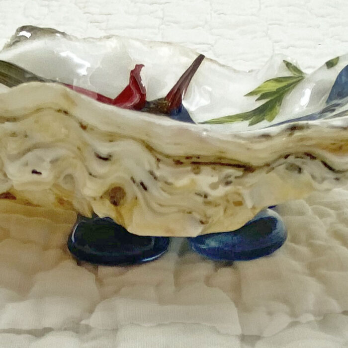 Decoupage Oyster Shell Ring Bowl with Hummingbird and Flowers