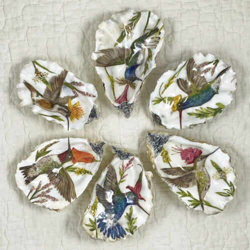 6 oyster shell ring bowls with hummingbird decoupage