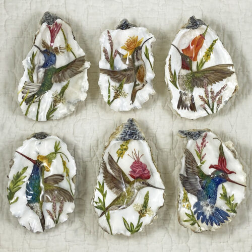 6 oyste shell ring bowls with decoupage hummingbird and flower image