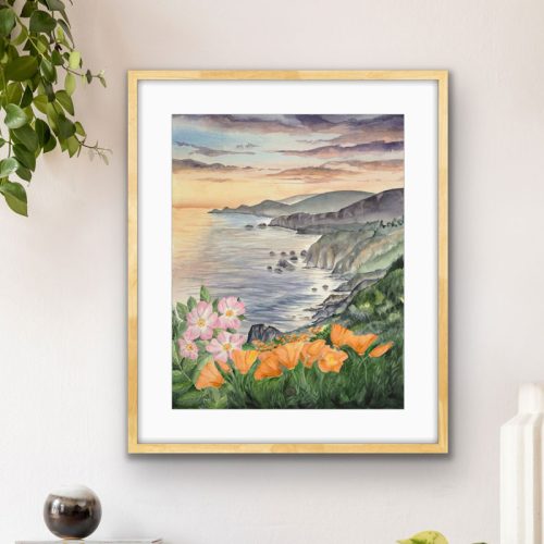 Framed print of Big Sur Coastline with poppies
