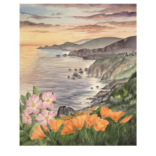 Print of Big Sur Coastline with Poppies