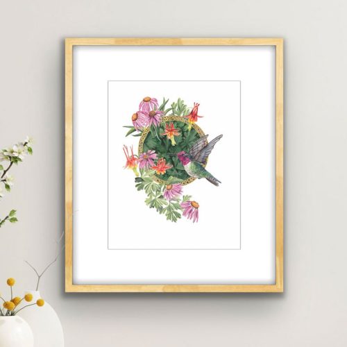 framed print of hummingbird and flowers