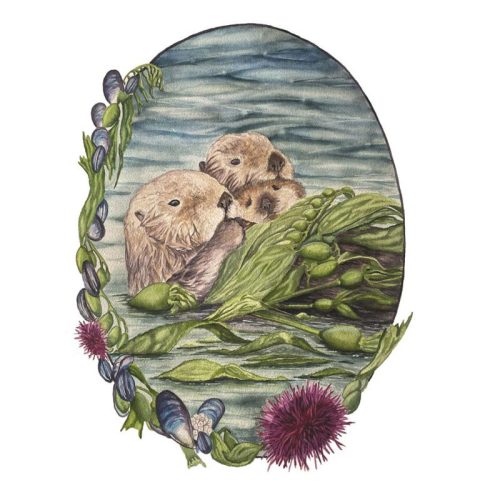 print of sea otters floating on a bed of sea kelp